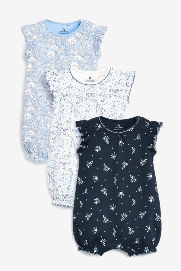 Next Girls Pack of 3 Floral Rompers-Blue-White