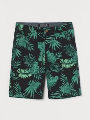 H&M Cotton Chino Shorts Black Leaf Print