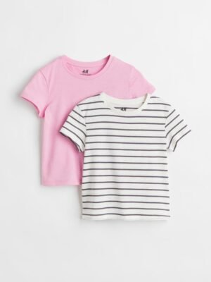 H&M 2-pack Cotton Jersey Tops Pink/Striped