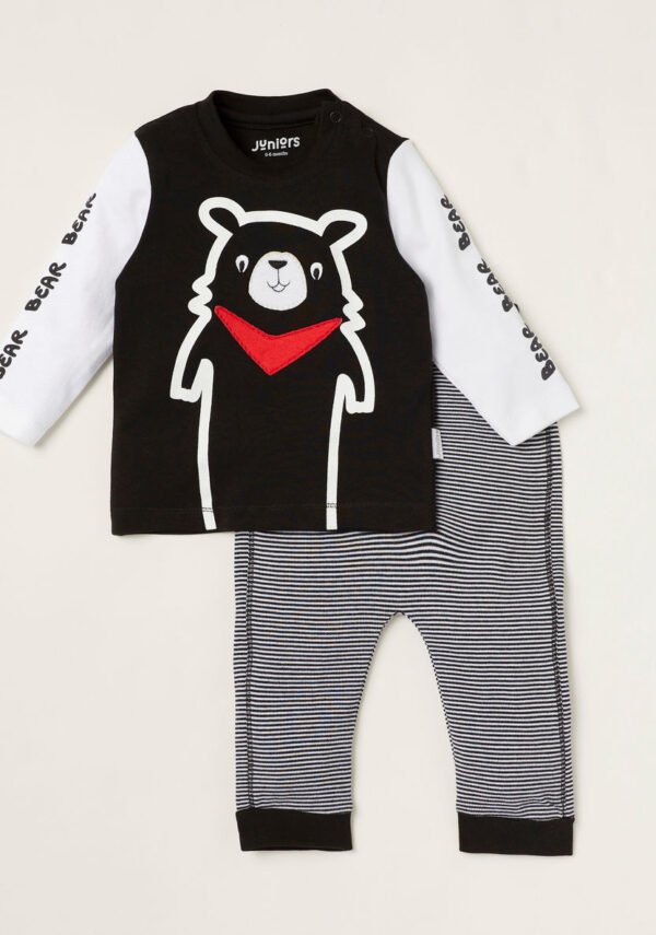 Babyshop Juniors Bear Print T-shirt with Long Sleeves and Striped Jog Pants Set